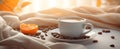 a cup of coffee is shown on a table next to a bed and coffee beans Royalty Free Stock Photo