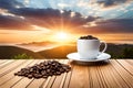 a cup of coffee sits next to a couple of coffee beans.