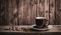 A cup of coffee sits on a plate of beans Royalty Free Stock Photo