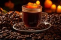 a cup of coffee sits on a plate surrounded by coffee beans Royalty Free Stock Photo