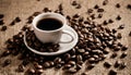 A cup of coffee sits on a plate surrounded by coffee beans Royalty Free Stock Photo