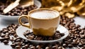 A cup of coffee sits on a plate surrounded by coffee beans Royalty Free Stock Photo