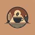 A cup of coffee sits on a plate surrounded by leaves, Use negative space to create a unique logo for a trendy cafe Royalty Free Stock Photo