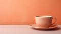 A cup of coffee sits on a saucer, peach fuzz, trendy color of the year 2024.