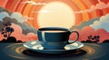 A cup of coffee sits on a saucer, sunset with sun and clounds behind.