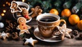 A cup of coffee sits on a table with cookies and oranges Royalty Free Stock Photo