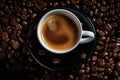 a cup of coffee sits on top of coffee beans