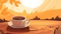 a cup of coffee sits on a wooden table in front of a sunset Royalty Free Stock Photo