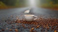 A cup of coffee sitting on the road surrounded by beans, AI Royalty Free Stock Photo