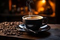 a cup of coffee is sitting on a saucer with beans on a wooden table in front of a fireplace Royalty Free Stock Photo