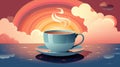 A cup of coffee sitting on top of a saucer, sunset with sun and clounds behind.