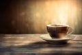 a cup of coffee sitting on top of a saucer on a wooden table in front of a bright light that is shining on the table