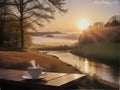 cup of coffee sitting on top of a wooden table, sunset Royalty Free Stock Photo