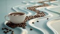 A cup of coffee is sitting on a wave pattern with beans, AI Royalty Free Stock Photo