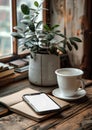 Cup of coffee smartphone and notebook on wooden table Royalty Free Stock Photo