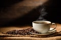 Cup of coffee with smoke and coffee beans on burlap sack on old wooden background Royalty Free Stock Photo