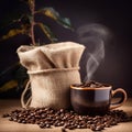 Cup of coffee with smoke and coffee beans in burlap sack Royalty Free Stock Photo