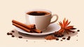 a cup of coffee with spices and cinnamon on a beige background