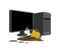 Cup of Coffee spilled computer. Spilled tea on keyboard. Spoiled PC Royalty Free Stock Photo
