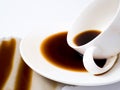 Cup of coffee spilt on white background, top view. For grunge advertisement design, copy space