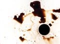 Cup of coffee spilt on white background, top view. For grunge advertisement design, copy space