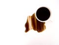 Cup of coffee spilt on white background, top view. For grunge advertisement design, copy space