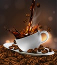 Cup of coffee with splash effect, coffee beans, transparent background.  3D vector. High detailed realistic illustration Royalty Free Stock Photo