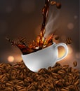 Cup of coffee with splash effect, coffee beans, transparent background.  3D vector. High detailed realistic illustration Royalty Free Stock Photo