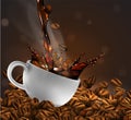 Cup of coffee with splash effect, coffee beans, transparent background.  3D vector. High detailed realistic illustration Royalty Free Stock Photo