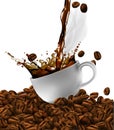 Cup of coffee with splash effect, coffee beans, white background.  3D vector. High detailed realistic illustration Royalty Free Stock Photo