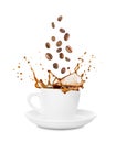 Cup of coffee splash with falling roasted coffee beans Royalty Free Stock Photo