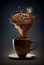 Cup of coffee with a splash like a brain, creative and innovative mind, explosion of ideas, brainstorming for solutions