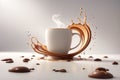 Cup of coffee with splashes of chocolate on a white background
