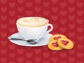 Cup with coffee, spoon and cookies on a pattern with hearts Royalty Free Stock Photo