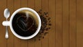 Cup of coffee with spoon, heart, coffee beans and steam on a wooden background. Vector design.