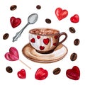 Cup of coffee with spoon, heart-shaped candies and coffee beans. Royalty Free Stock Photo