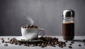 A cup of coffee with a spoon in it and a jar of coffee beans Royalty Free Stock Photo