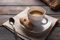 Cup of coffee with a spoon and lumps of sugar on a linen napkin Royalty Free Stock Photo