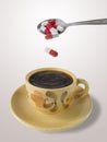 Cup of coffee and spoon with pills Royalty Free Stock Photo