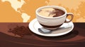a cup of coffee and a spoon on a saucer on a table with a map of the world in the background Royalty Free Stock Photo