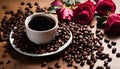 A cup of coffee with a spoon in it sits on a plate surrounded by coffee beans and roses Royalty Free Stock Photo