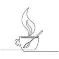 Cup of coffee, spoon, steam over Cup is drawn by one line on a white background. Single line drawing. Continuous line. Vector