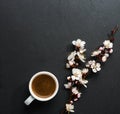 Cup of coffee and spring flowers on pink wooden table. Royalty Free Stock Photo