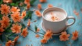 A cup of coffee with a sprinkle on top sitting next to orange flowers, AI Royalty Free Stock Photo