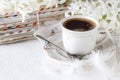 Cup of coffee, stack of old letters, hyacinth flower and white feathers Royalty Free Stock Photo