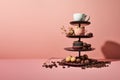 Cup of coffee on a stand with coffee beans on a pink background