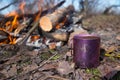 Cup with coffee is standing next to a campfire Royalty Free Stock Photo