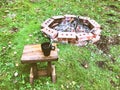 A cup of coffee stands on a stool on the grass near a fire surrounded by bricks.