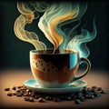 A Cup of coffee with steam and coffee beans on a dark background. Royalty Free Stock Photo