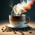 A Cup of coffee with steam and coffee beans on a dark background. Royalty Free Stock Photo